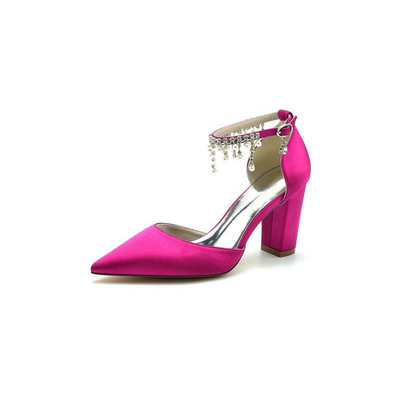 Pearl Beaded Pointed Toe Ankle Strap Chunky Heel