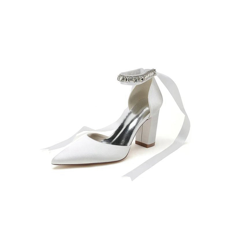 Rhinestone Ribbon Pointed Toe Ankle Strap Chunky Heel