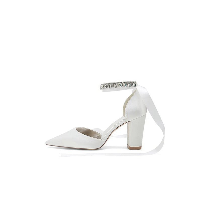 Rhinestone Ribbon Pointed Toe Ankle Strap Chunky Heel