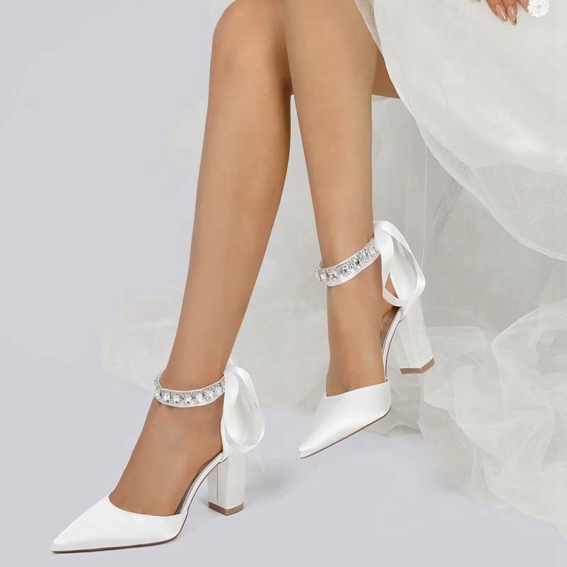Rhinestone Ribbon Pointed Toe Ankle Strap Chunky Heel