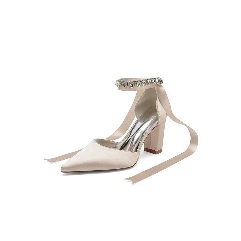 Rhinestone Ribbon Pointed Toe Ankle Strap Chunky Heel