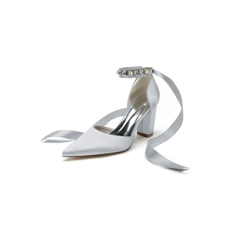 Rhinestone Ribbon Pointed Toe Ankle Strap Chunky Heel