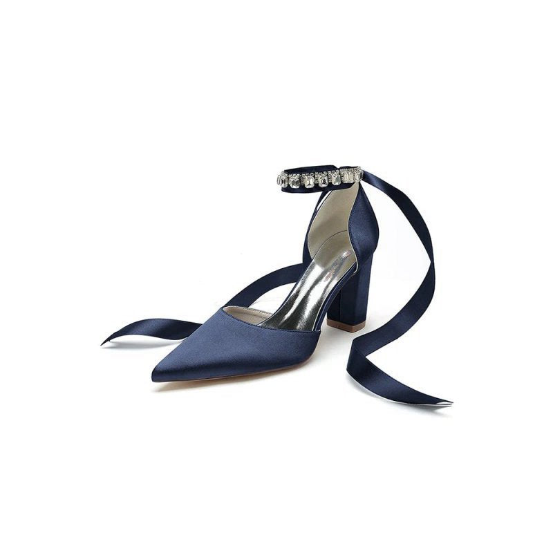 Rhinestone Ribbon Pointed Toe Ankle Strap Chunky Heel