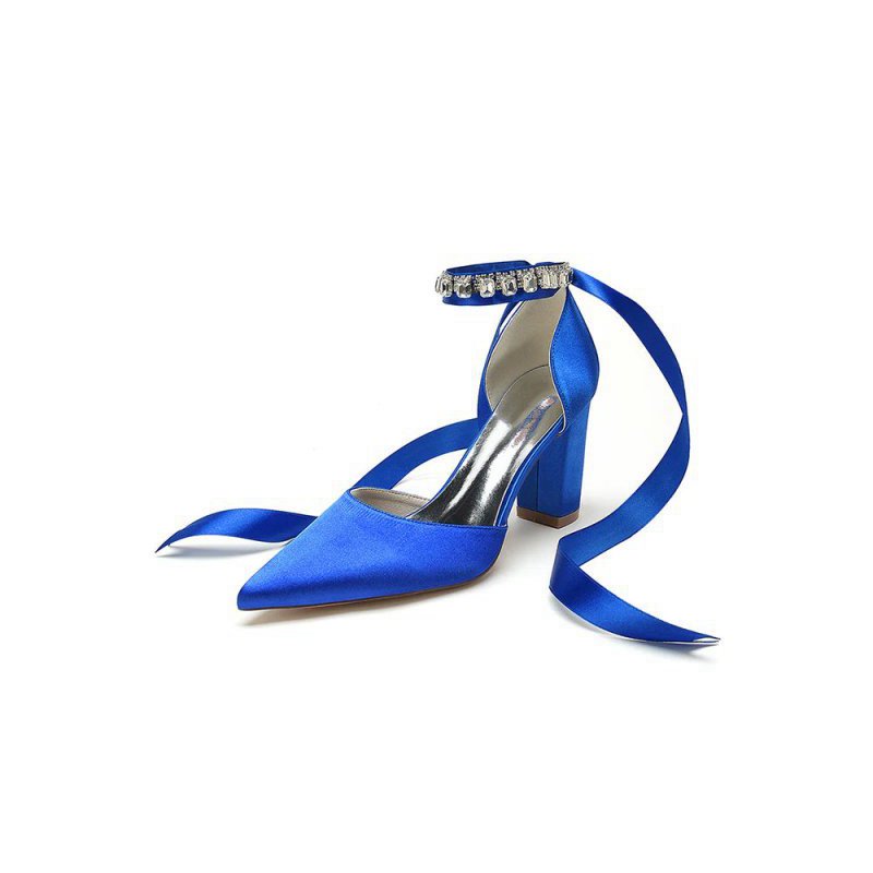 Rhinestone Ribbon Pointed Toe Ankle Strap Chunky Heel