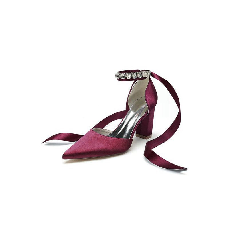 Rhinestone Ribbon Pointed Toe Ankle Strap Chunky Heel