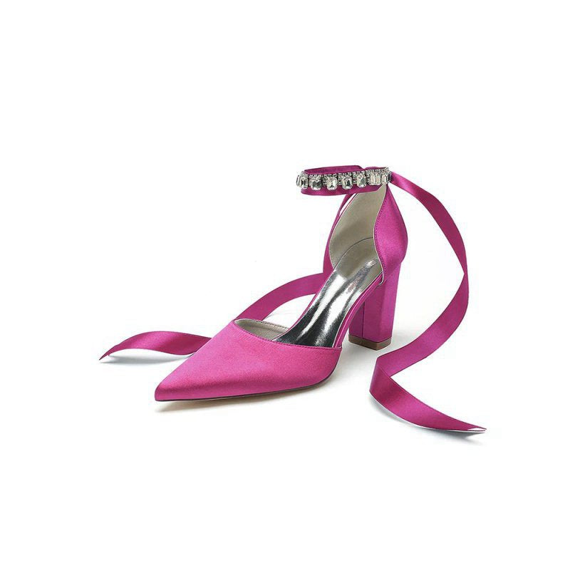 Rhinestone Ribbon Pointed Toe Ankle Strap Chunky Heel