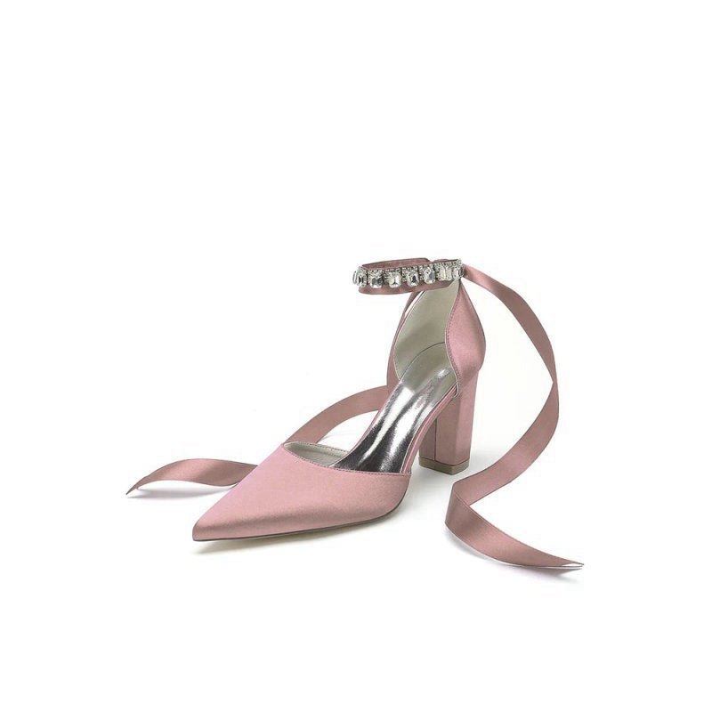 Rhinestone Ribbon Pointed Toe Ankle Strap Chunky Heel