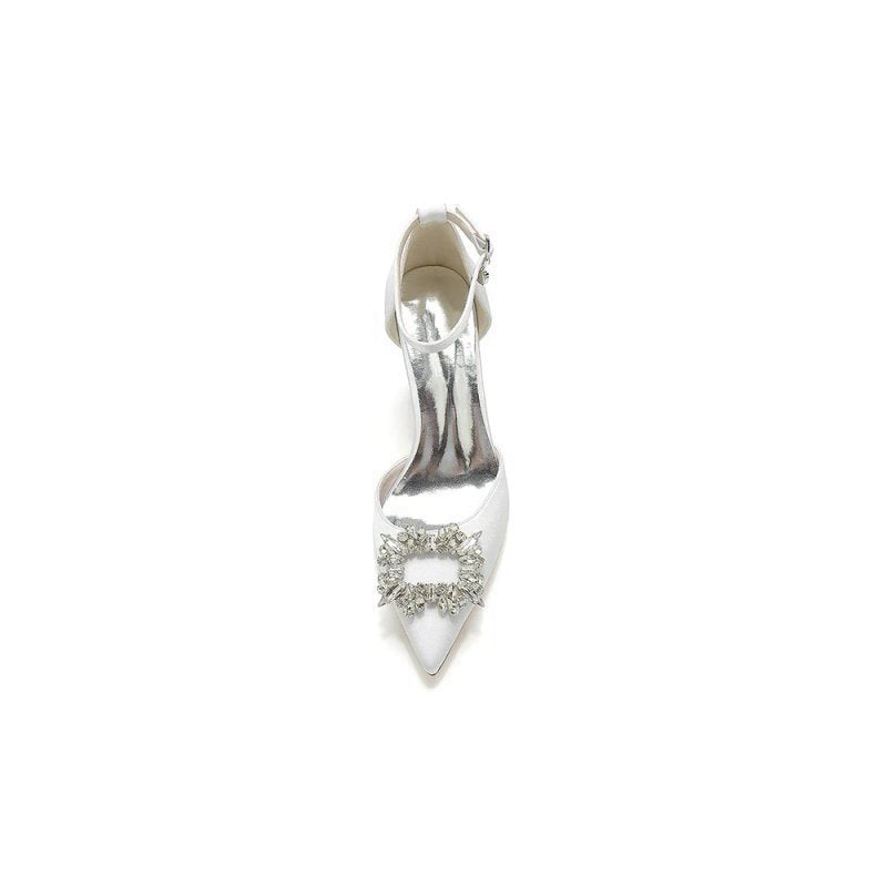 Rhinestone Pointed Toe Ankle Strap Buckle Chunky Heel