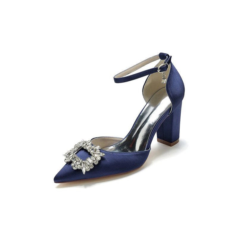 Rhinestone Pointed Toe Ankle Strap Buckle Chunky Heel