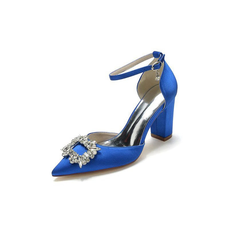 Rhinestone Pointed Toe Ankle Strap Buckle Chunky Heel