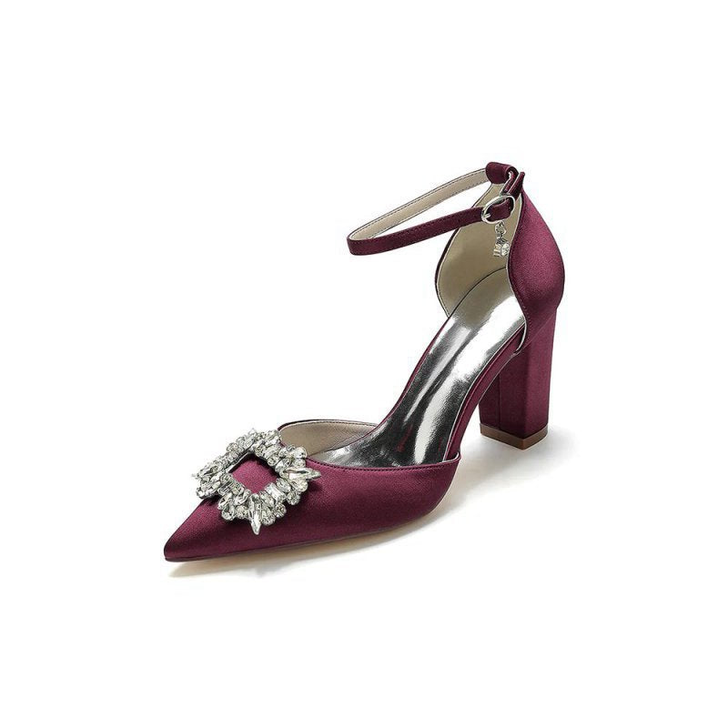 Rhinestone Pointed Toe Ankle Strap Buckle Chunky Heel