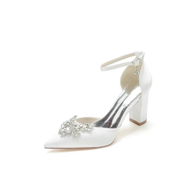 Rhinestone Pointed Toe Ankle Strap Satin Chunky Heel