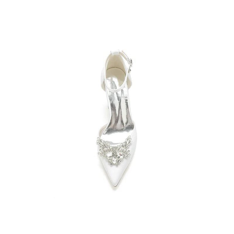 Rhinestone Pointed Toe Ankle Strap Satin Chunky Heel