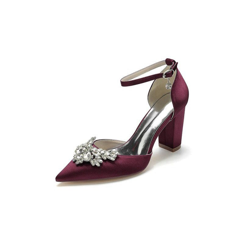 Rhinestone Pointed Toe Ankle Strap Satin Chunky Heel