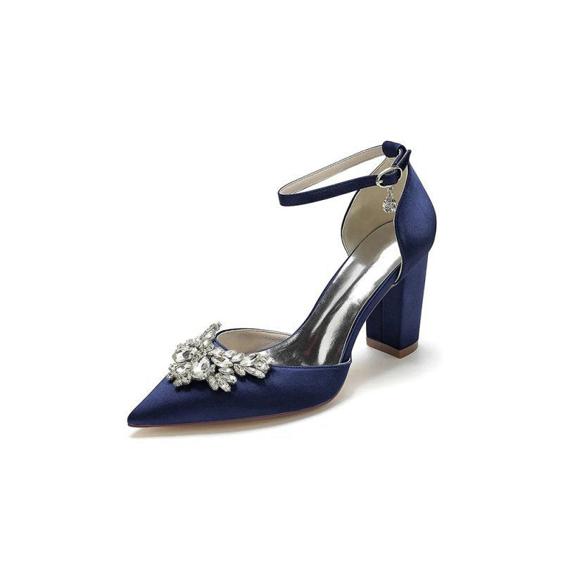 Rhinestone Pointed Toe Ankle Strap Satin Chunky Heel