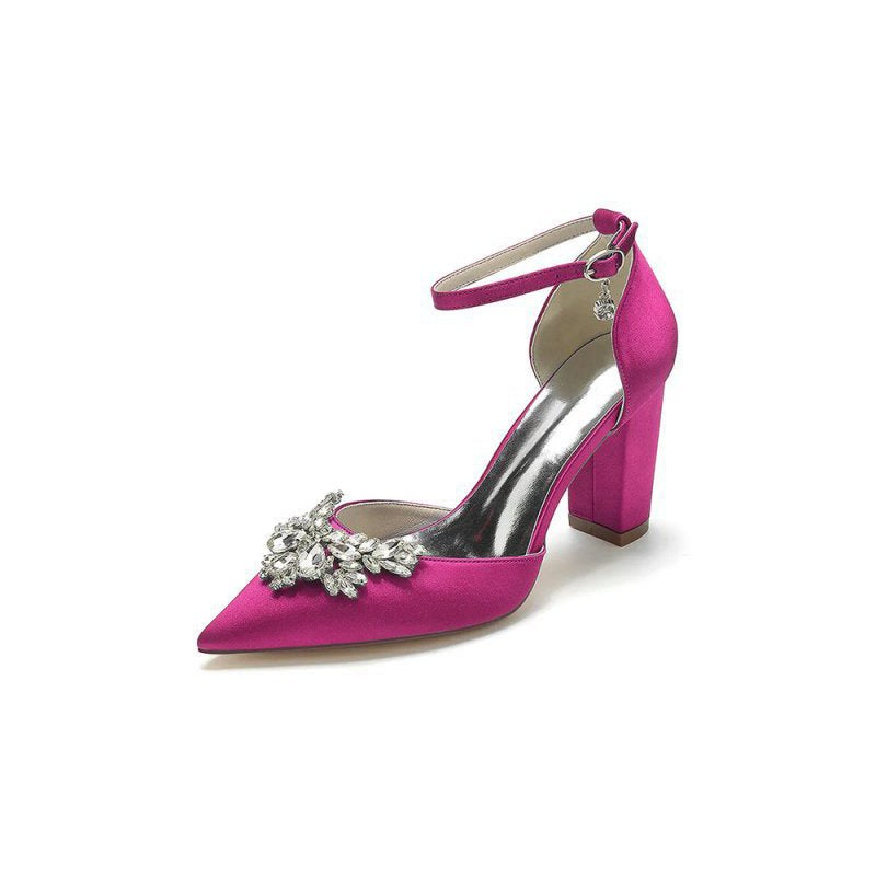 Rhinestone Pointed Toe Ankle Strap Satin Chunky Heel