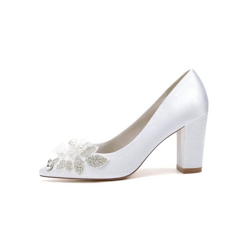 Floral Beaded Pointed Toe Chunky Heel