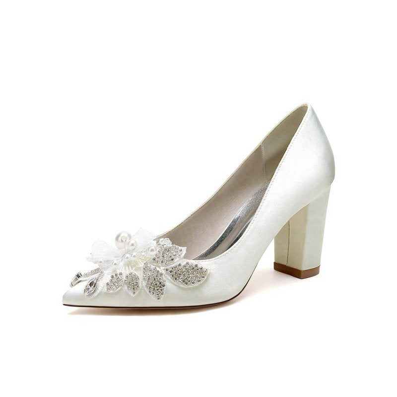 Floral Beaded Pointed Toe Chunky Heel