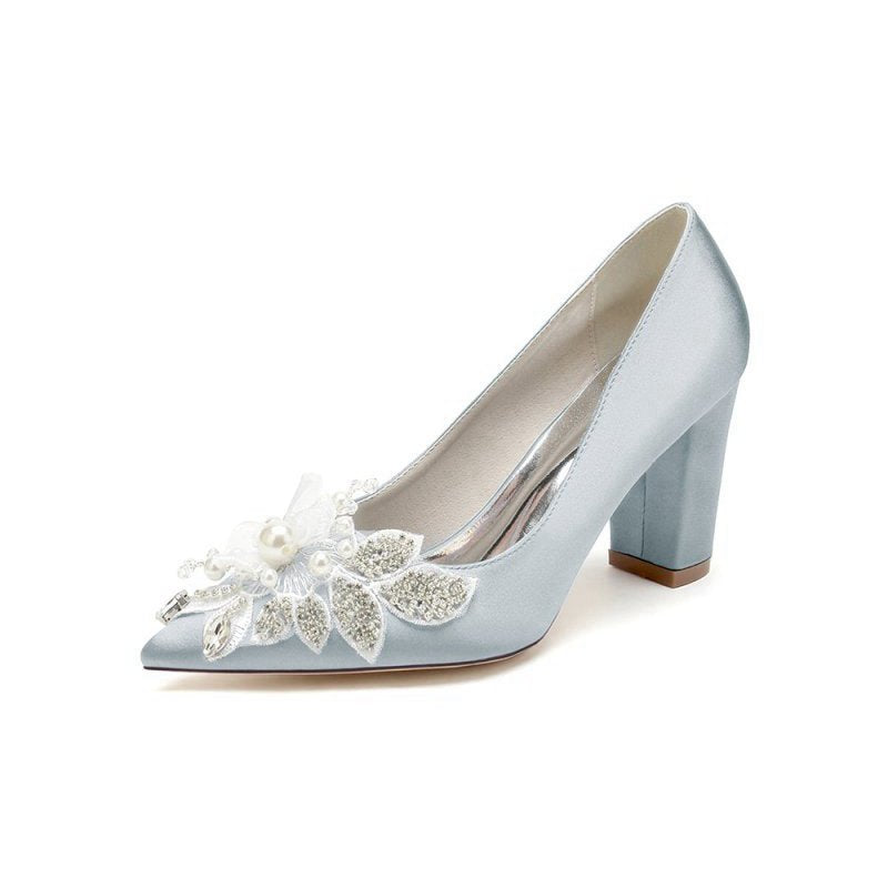 Floral Beaded Pointed Toe Chunky Heel