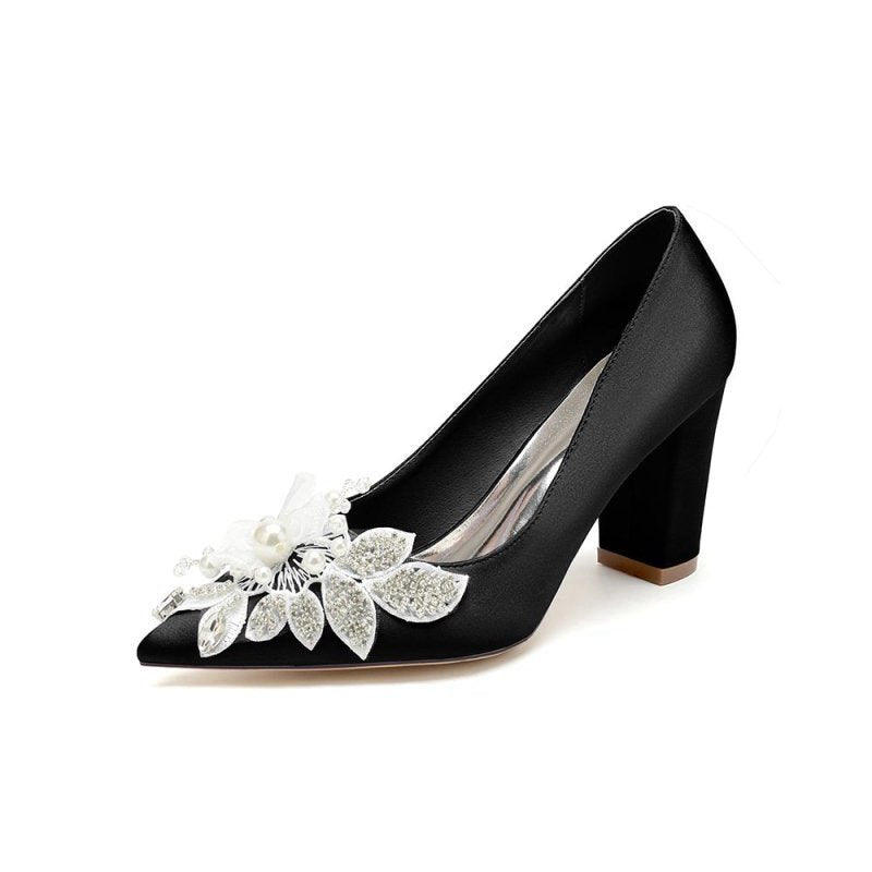 Floral Beaded Pointed Toe Chunky Heel