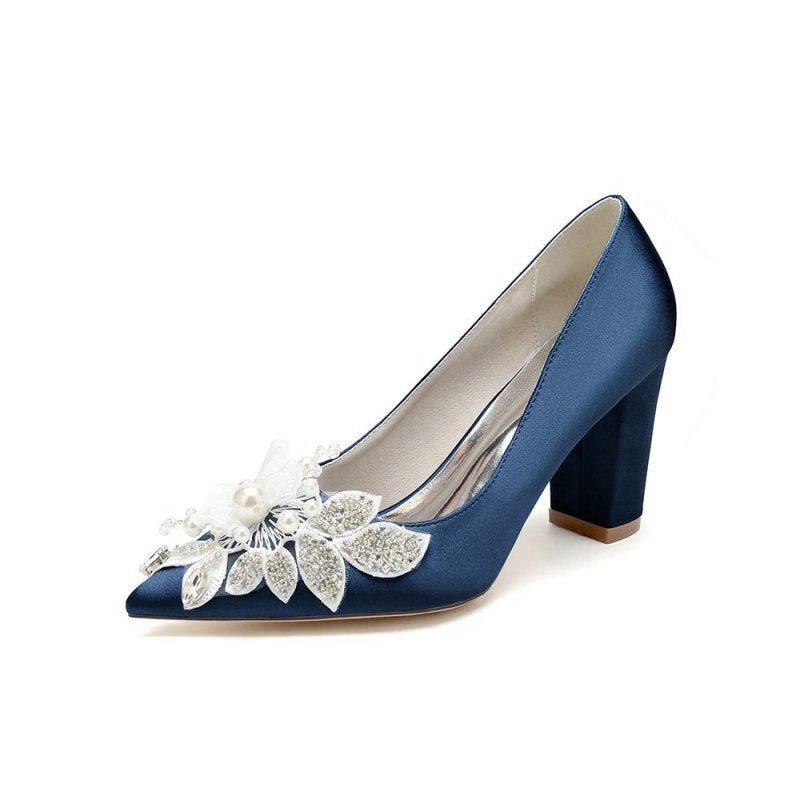 Floral Beaded Pointed Toe Chunky Heel