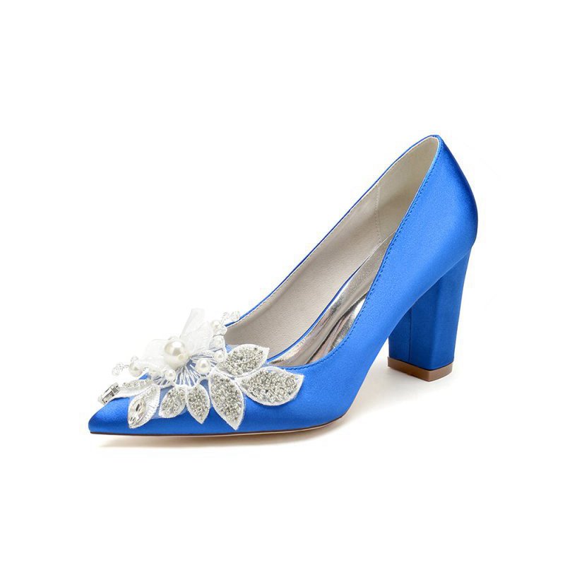 Floral Beaded Pointed Toe Chunky Heel
