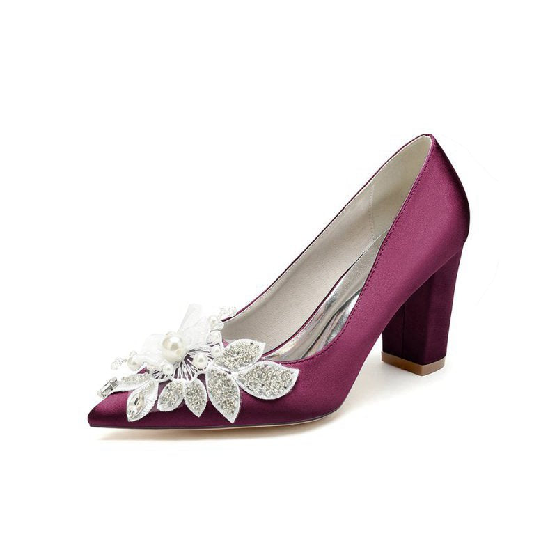 Floral Beaded Pointed Toe Chunky Heel