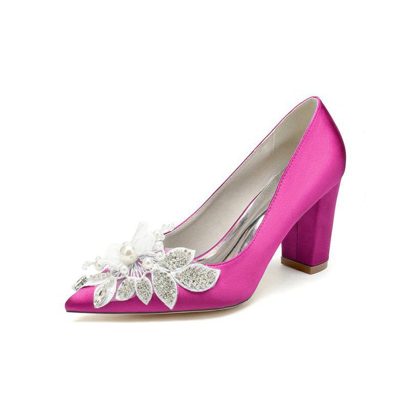 Floral Beaded Pointed Toe Chunky Heel