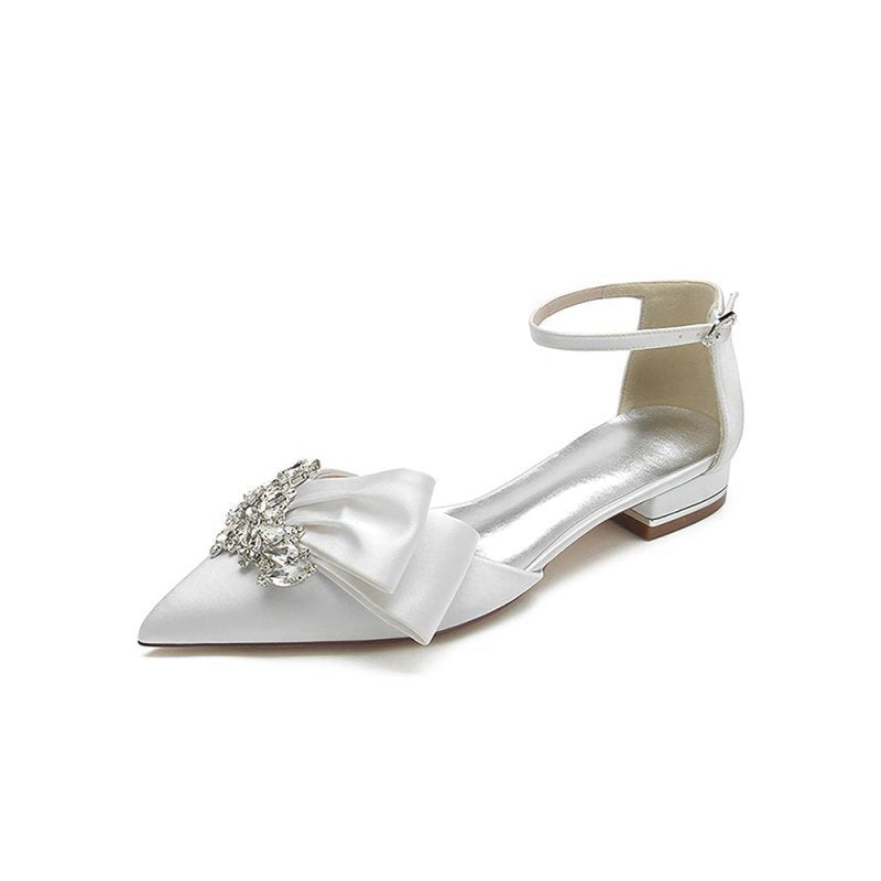 Satin Beaded Pointed Toe Ankle Strap Buckle Kitten Heels