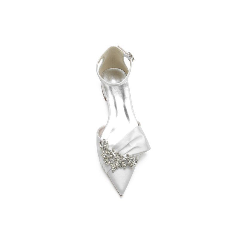 Satin Beaded Pointed Toe Ankle Strap Buckle Kitten Heels