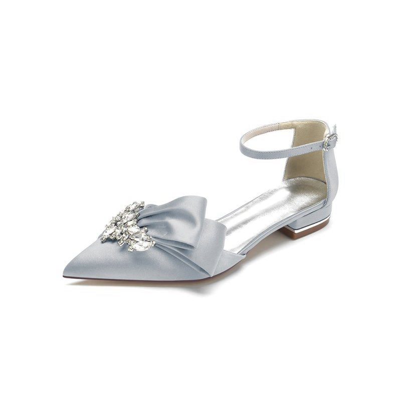 Satin Beaded Pointed Toe Ankle Strap Buckle Kitten Heels