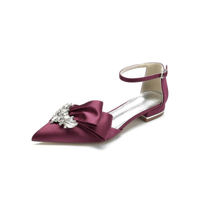 Satin Beaded Pointed Toe Ankle Strap Buckle Kitten Heels