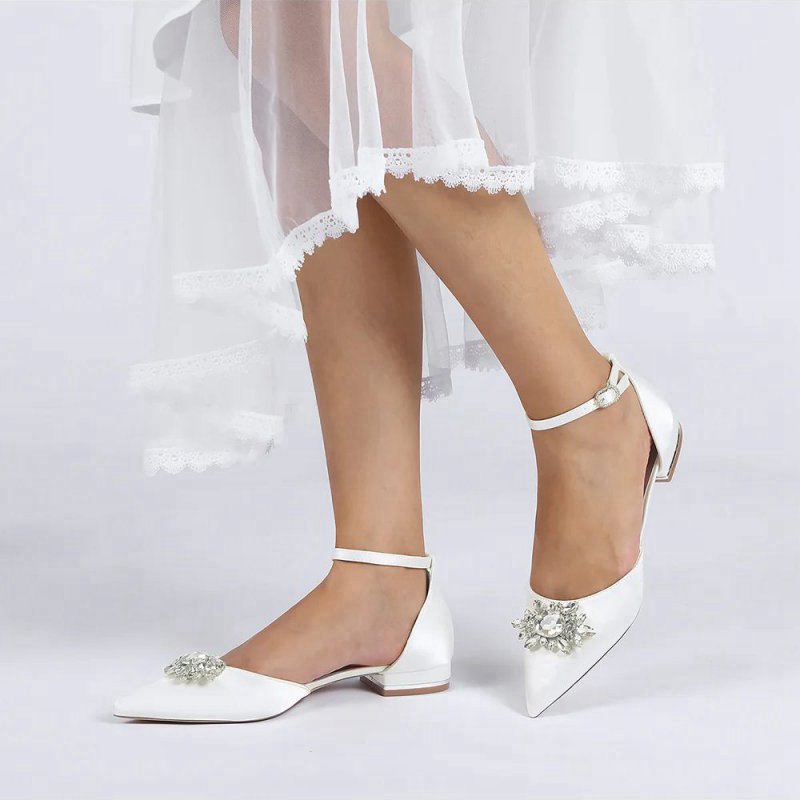 Pointed Toe Rhinestone Ankle Strap Kitten Heels