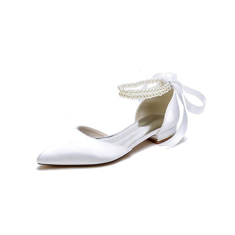 Pointed Toe Pearl Ribbon Ankle Strap Kitten Heels