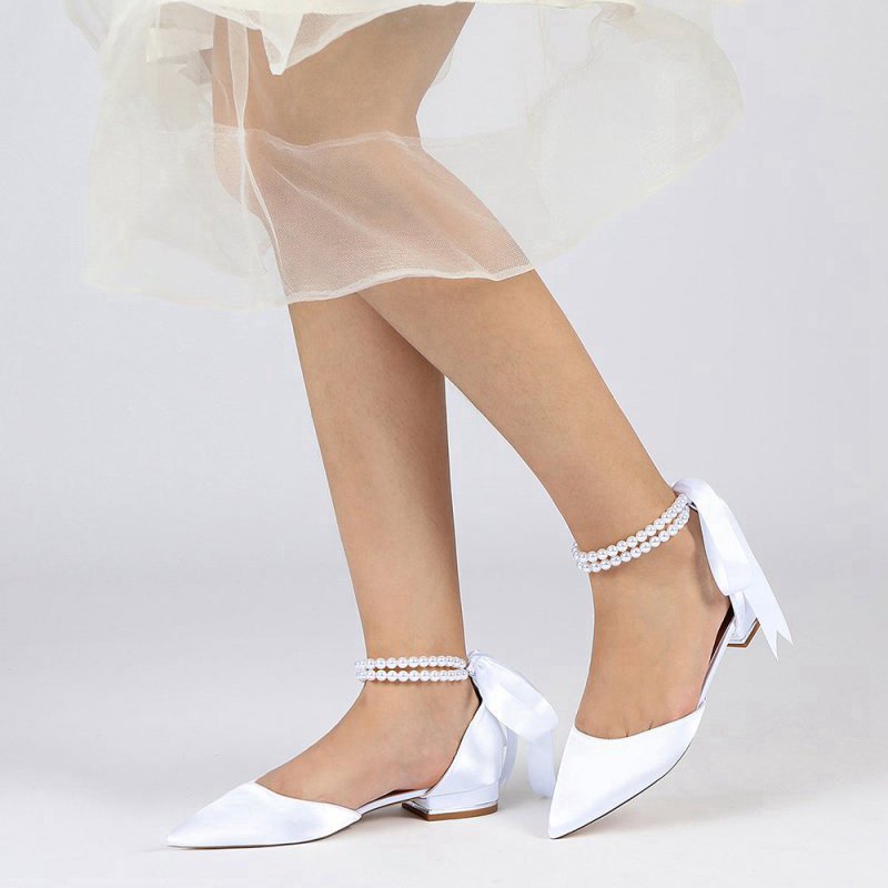 Pointed Toe Pearl Ribbon Ankle Strap Kitten Heels