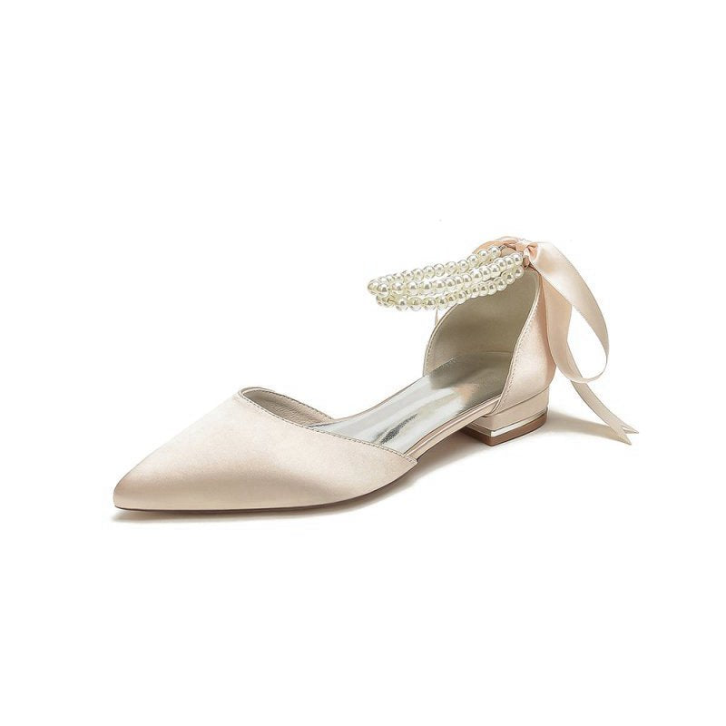 Pointed Toe Pearl Ribbon Ankle Strap Kitten Heels