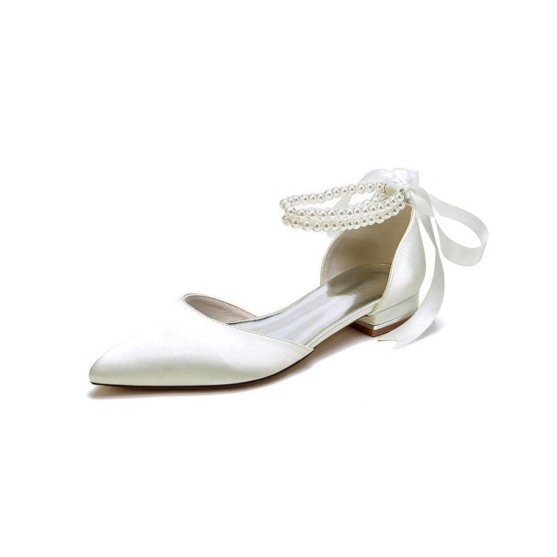 Pointed Toe Pearl Ribbon Ankle Strap Kitten Heels