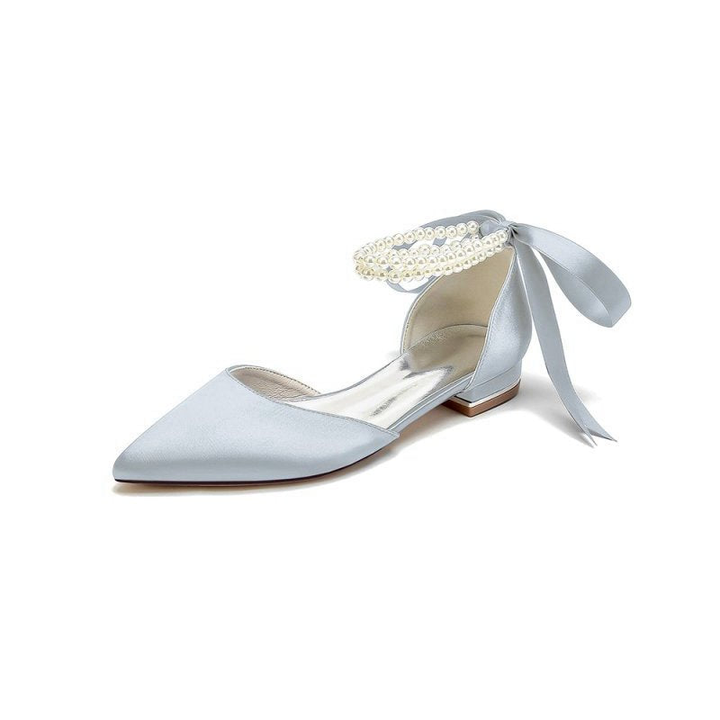 Pointed Toe Pearl Ribbon Ankle Strap Kitten Heels