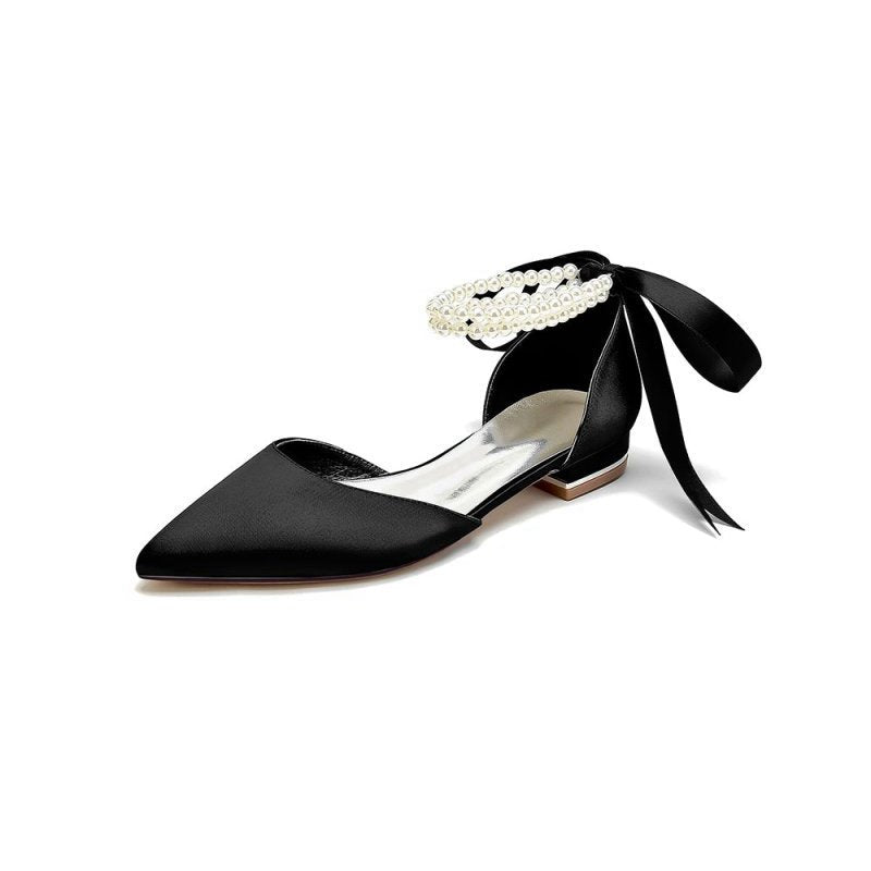 Pointed Toe Pearl Ribbon Ankle Strap Kitten Heels
