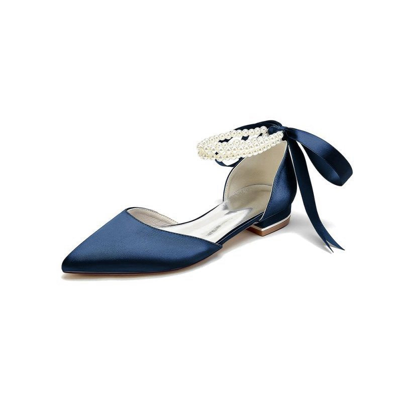 Pointed Toe Pearl Ribbon Ankle Strap Kitten Heels