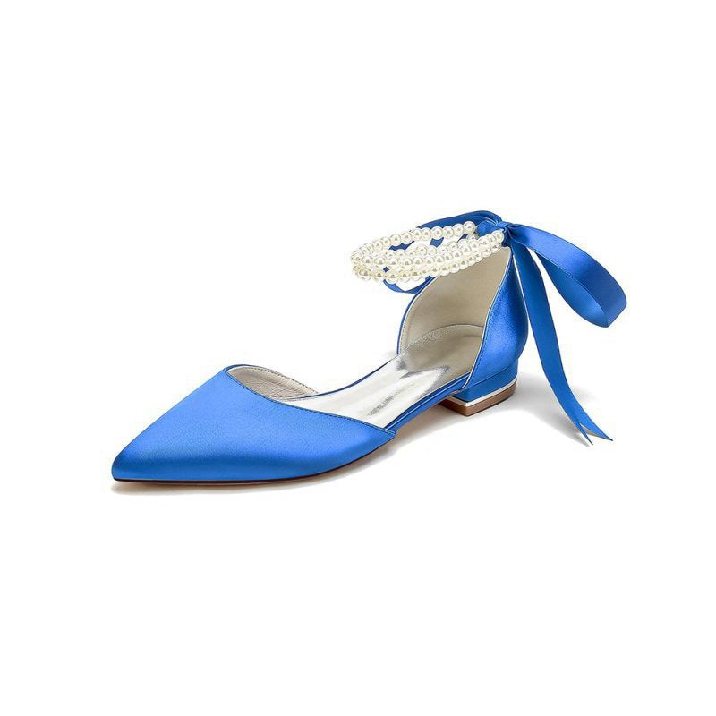 Pointed Toe Pearl Ribbon Ankle Strap Kitten Heels