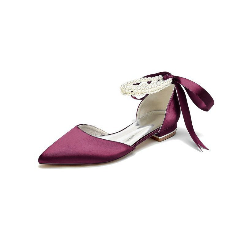 Pointed Toe Pearl Ribbon Ankle Strap Kitten Heels