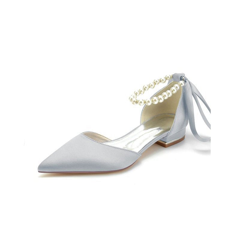 Pearl Ribbon Pointed Toe Ankle Strap Kitten Heels