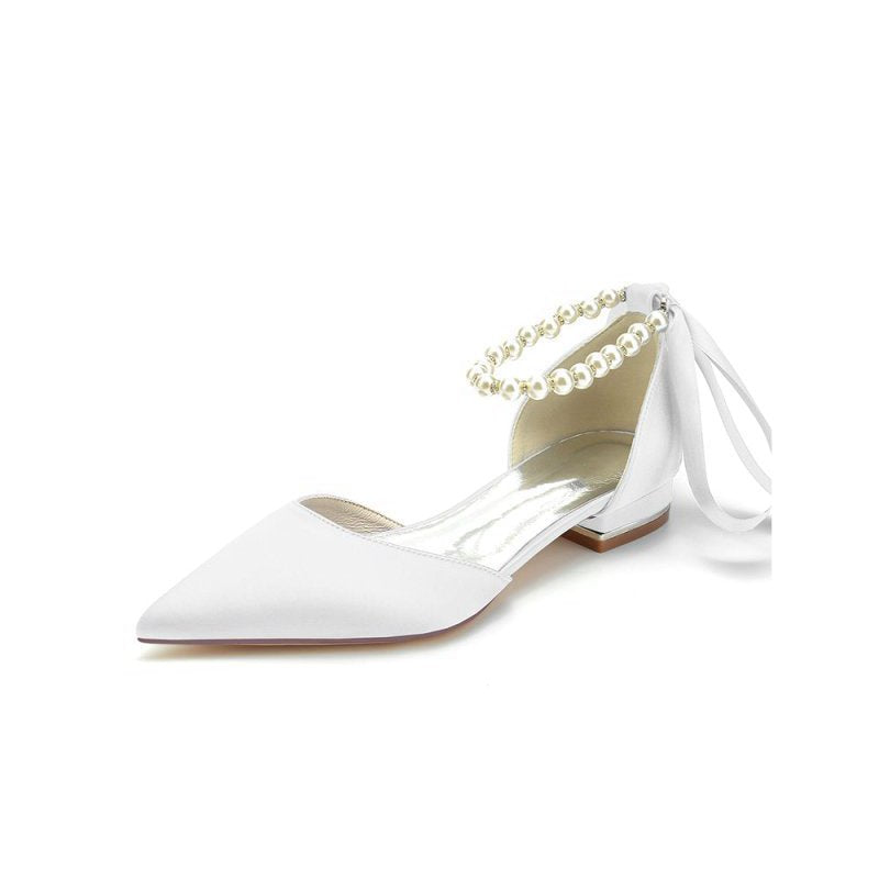 Pearl Ribbon Pointed Toe Ankle Strap Kitten Heels
