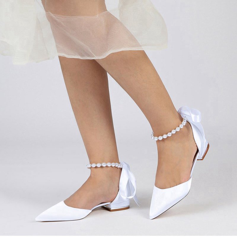 Pearl Ribbon Pointed Toe Ankle Strap Kitten Heels