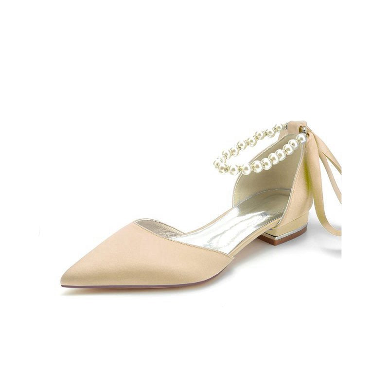 Pearl Ribbon Pointed Toe Ankle Strap Kitten Heels