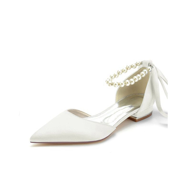 Pearl Ribbon Pointed Toe Ankle Strap Kitten Heels