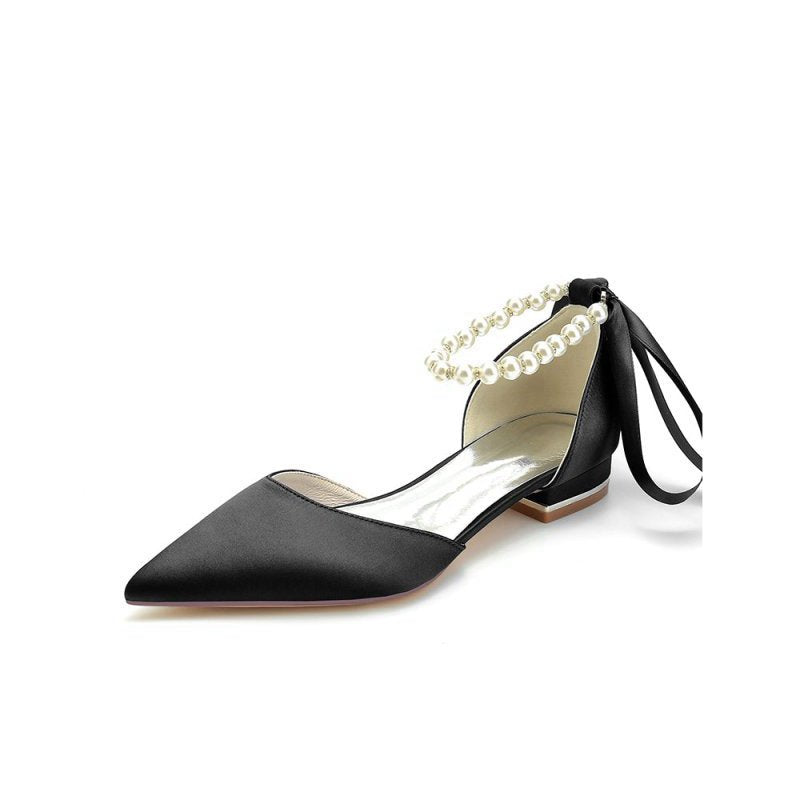 Pearl Ribbon Pointed Toe Ankle Strap Kitten Heels