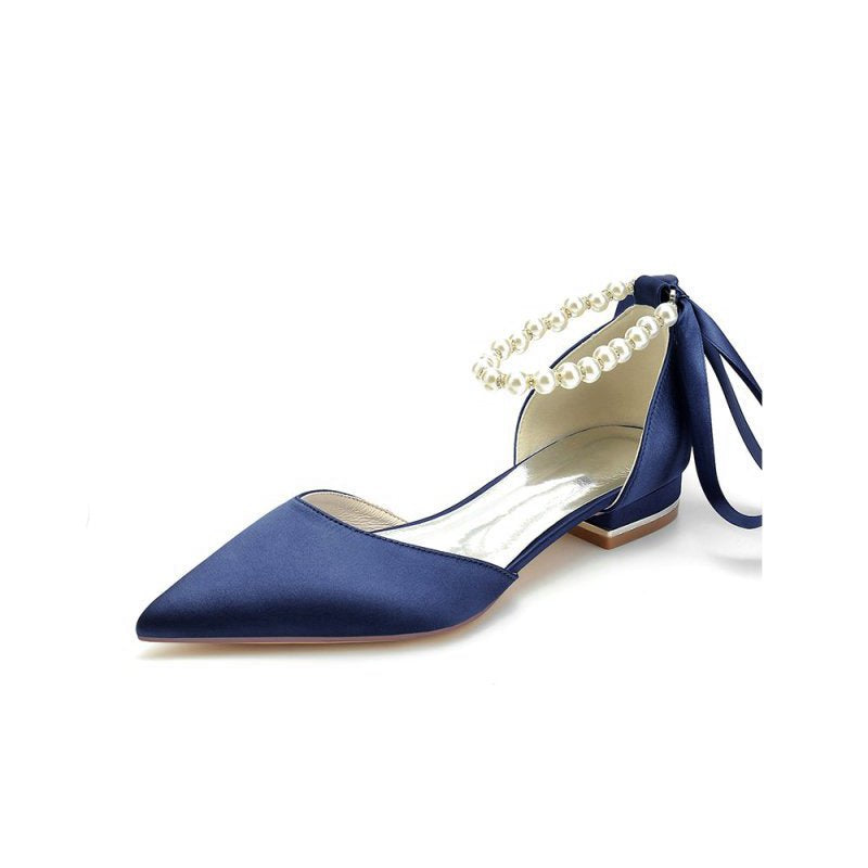 Pearl Ribbon Pointed Toe Ankle Strap Kitten Heels