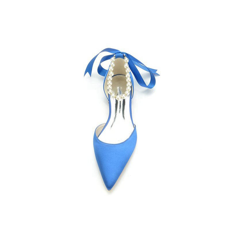 Pearl Ribbon Pointed Toe Ankle Strap Kitten Heels